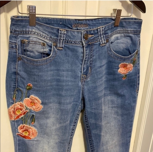 Shyanne Blue Flare Jeans with Pink Floral Embroidery - Picture 2 of 5